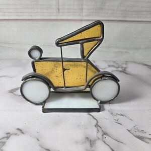 Stained Glass Art Vintage Car Model Yellow White - Freestanding